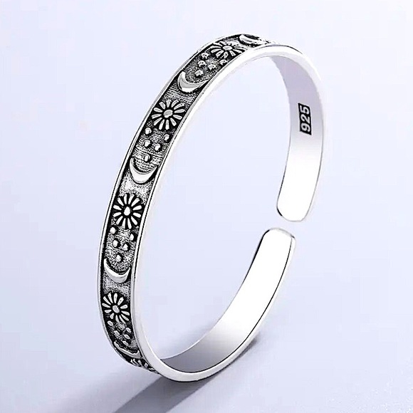 Stampd Jewelry - Sterling Silver Moon Bangle Bracelet Cuff Sun Celestial Gift For Her